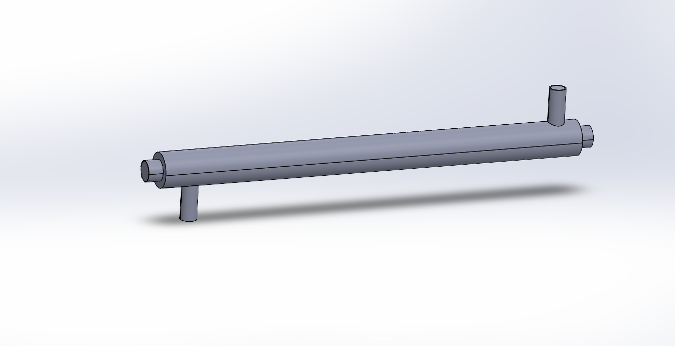 SolidWorks 3D render of shell and tube counterflow heat exchanger