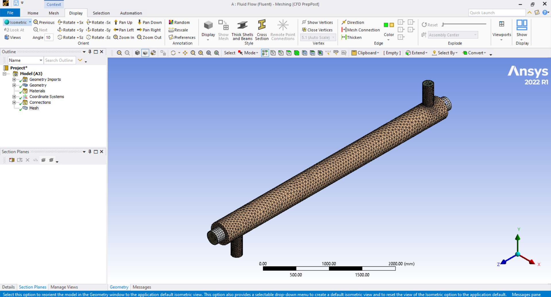ANSYS CFD mesh of shell and tube counterflow heat exchanger