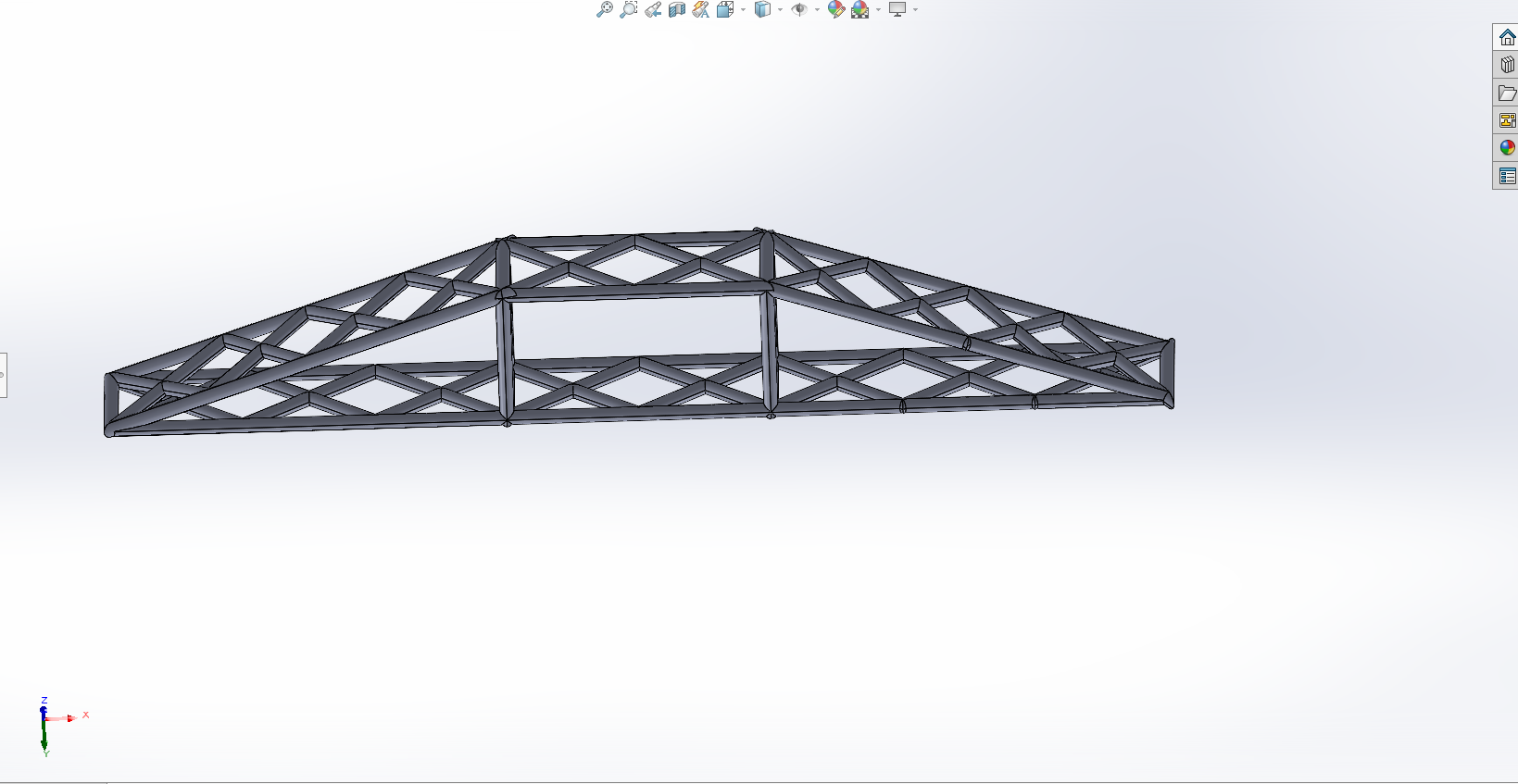 SolidWorks 3D model of truss bridge — lattice structure rendered in grey