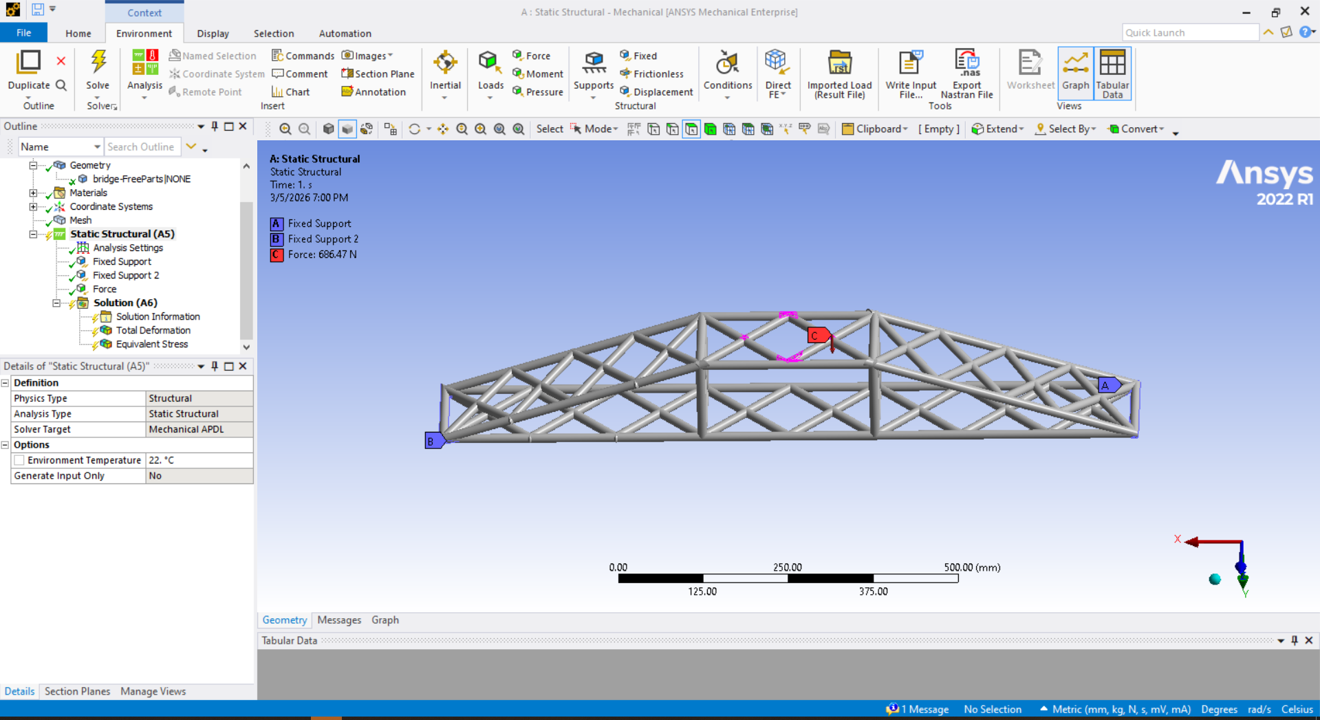 ANSYS static structural setup — fixed supports at both ends, 
                        686.47 N force applied at mid-span top chord