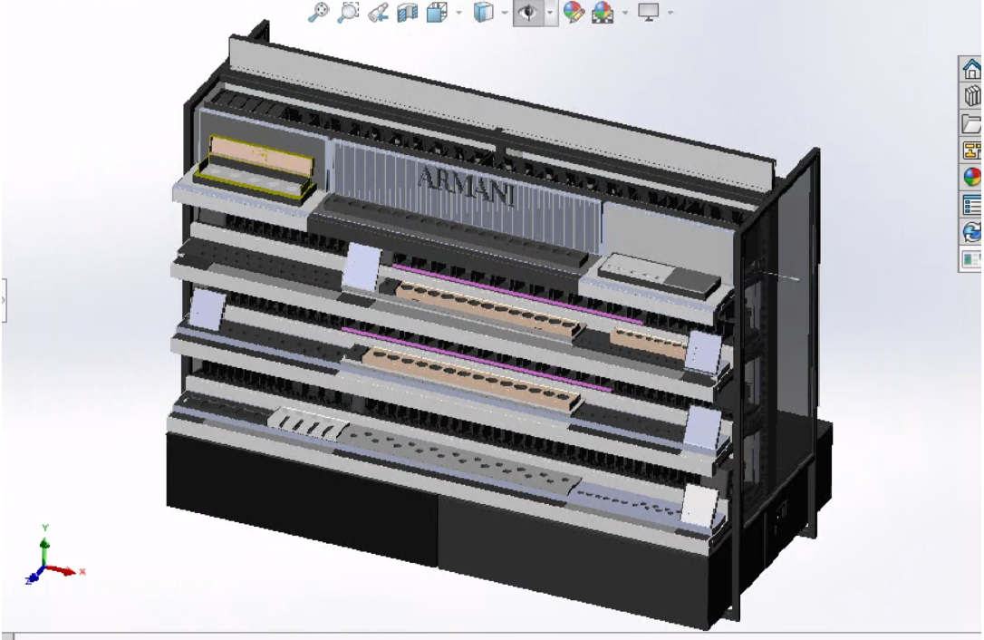 Armani retail gondola display — SolidWorks 3D assembly model
