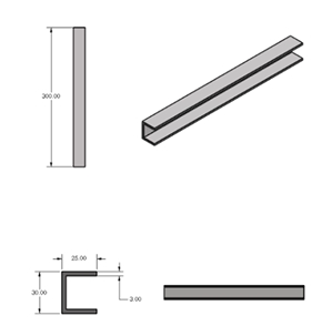 Engineering drawing showing all views of the C-beam with dimensions