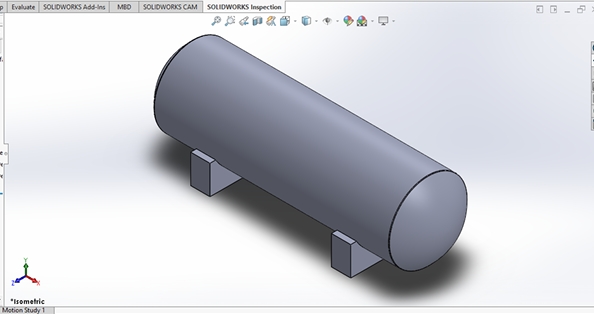 SolidWorks orthographic drawing of horizontal pressure vessel with saddle supports — dimensions 12.13 m length, Ø4.05 m