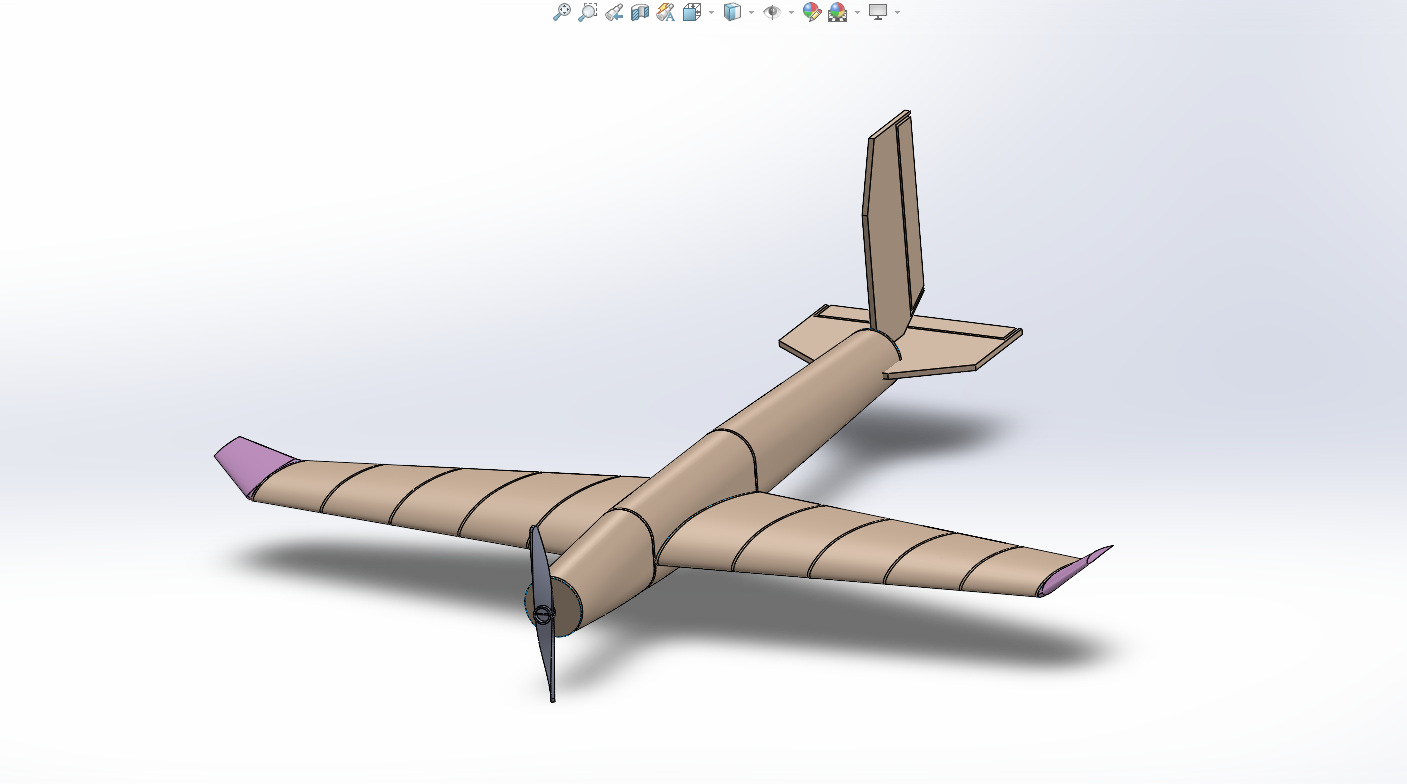 SolidWorks full assembly of URAAN RC aircraft — wings, fuselage, empennage and winglets