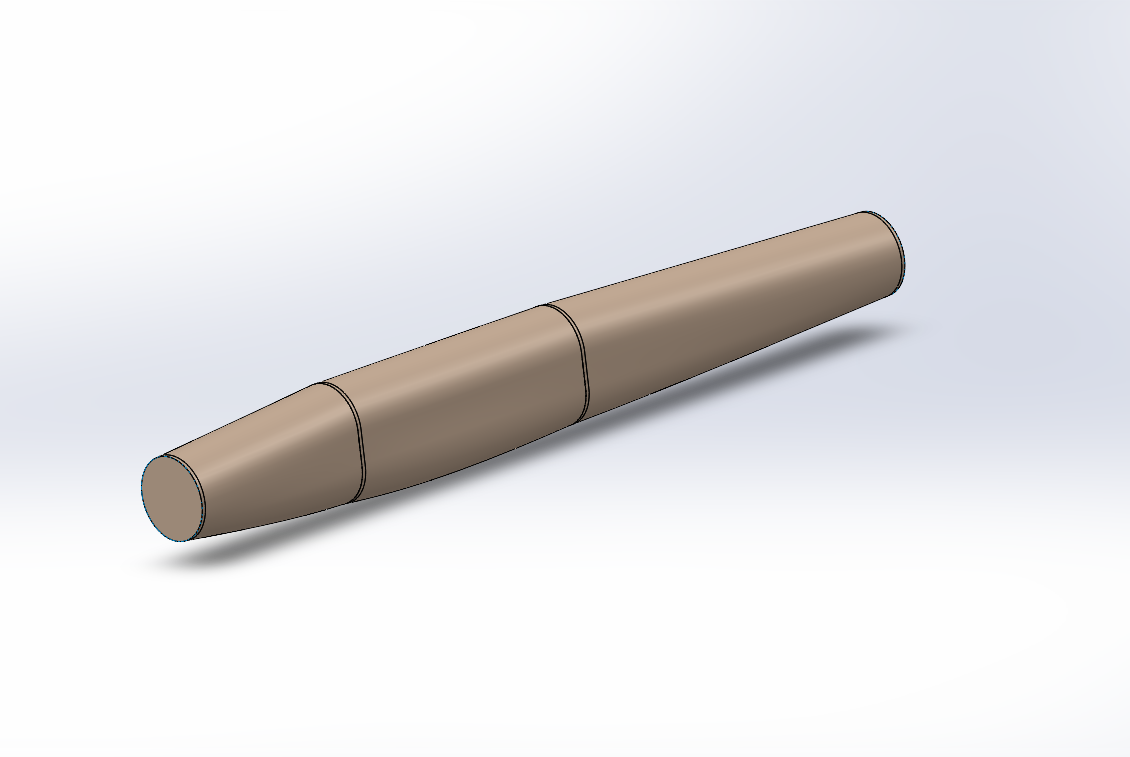 SolidWorks model of URAAN circular fuselage — smooth cylindrical body tapering at nose and tail