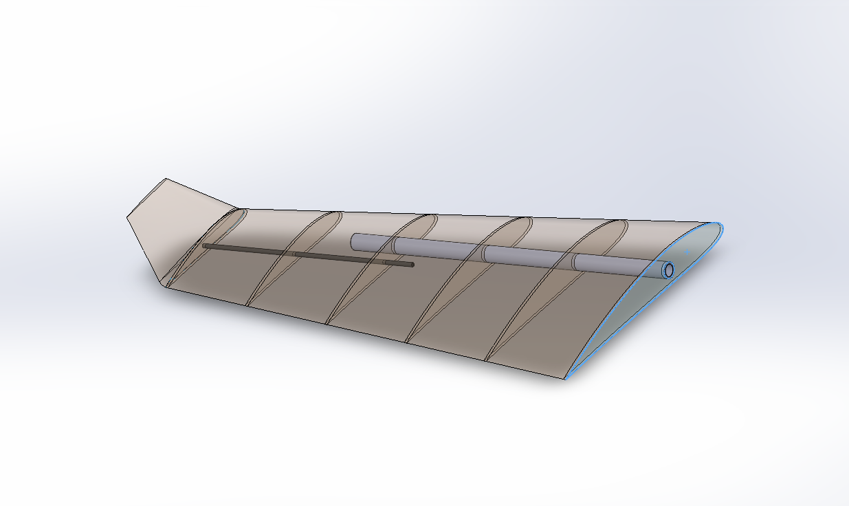 SolidWorks internal wing structure of URAAN showing rib and spar layout with NACA aerofoil profile