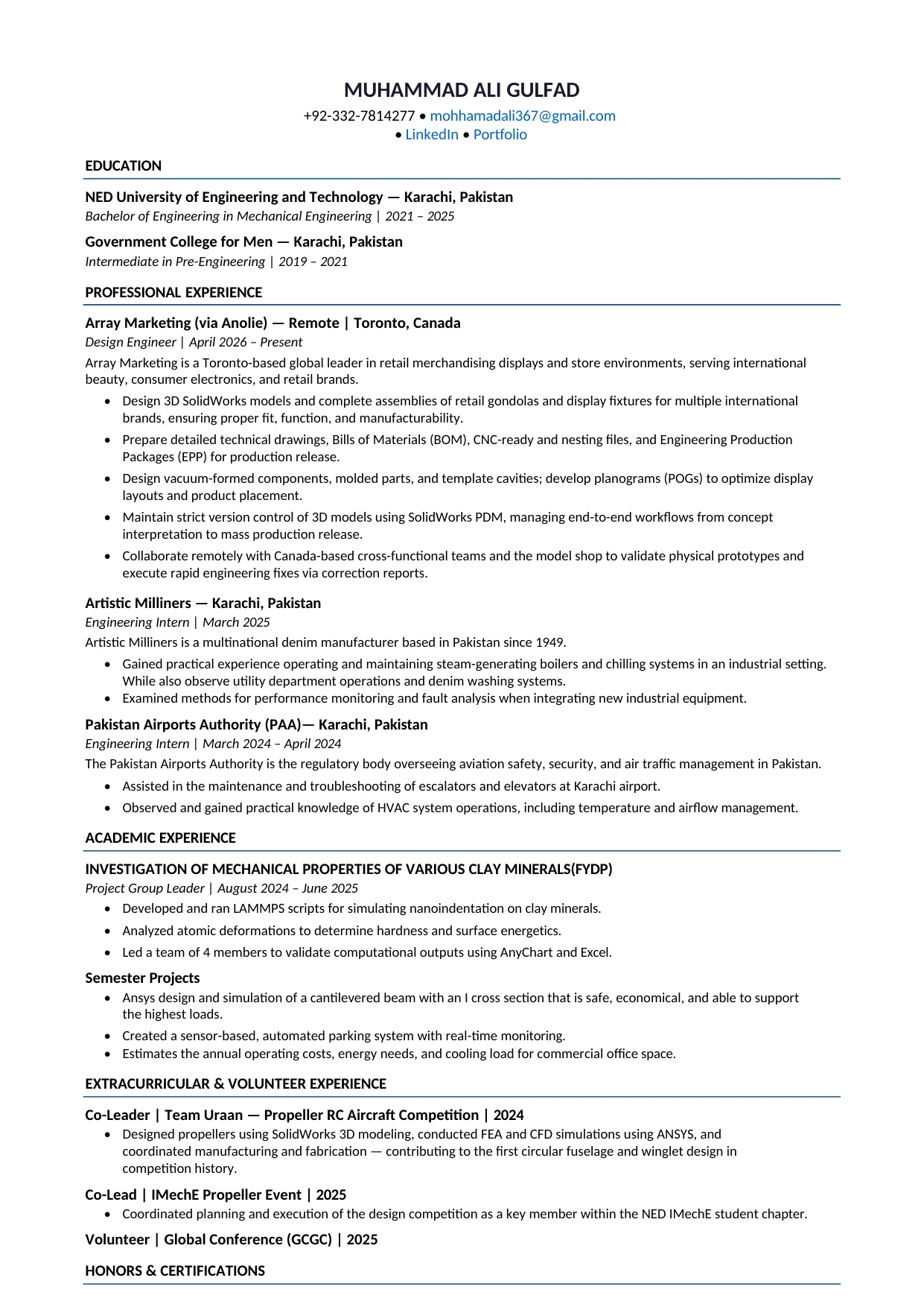 Muhammad Ali Resume — Page 1